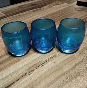 NWT Party lite Gifts Inc. Blue Glass Set Of 3 Hunukkah Tea Light Candle Holders